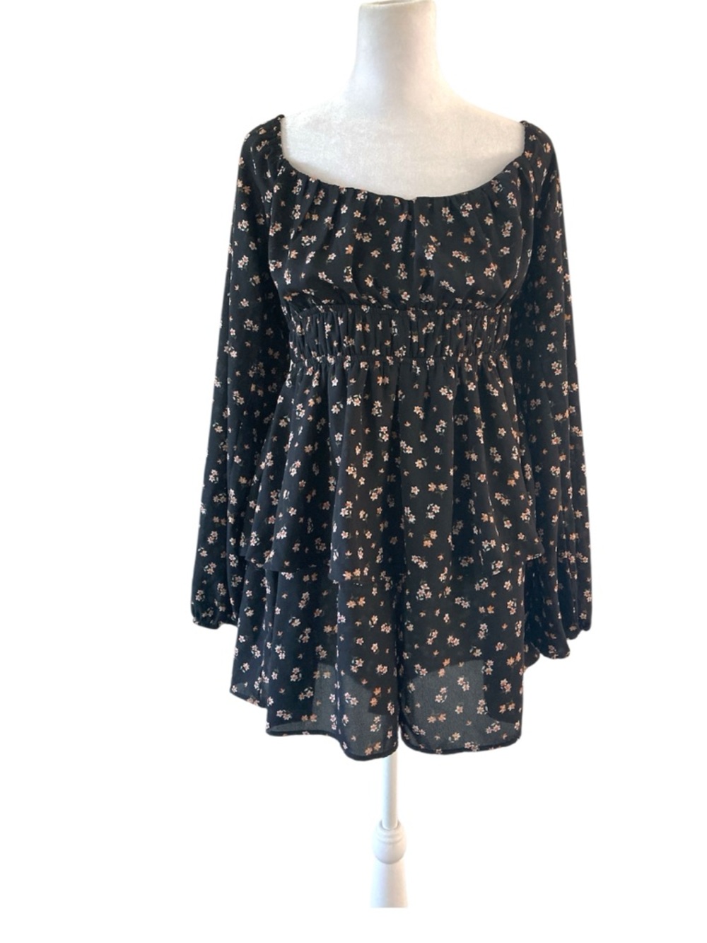 Altar'd State Black Long-Sleeve Floral Babydoll Romper
